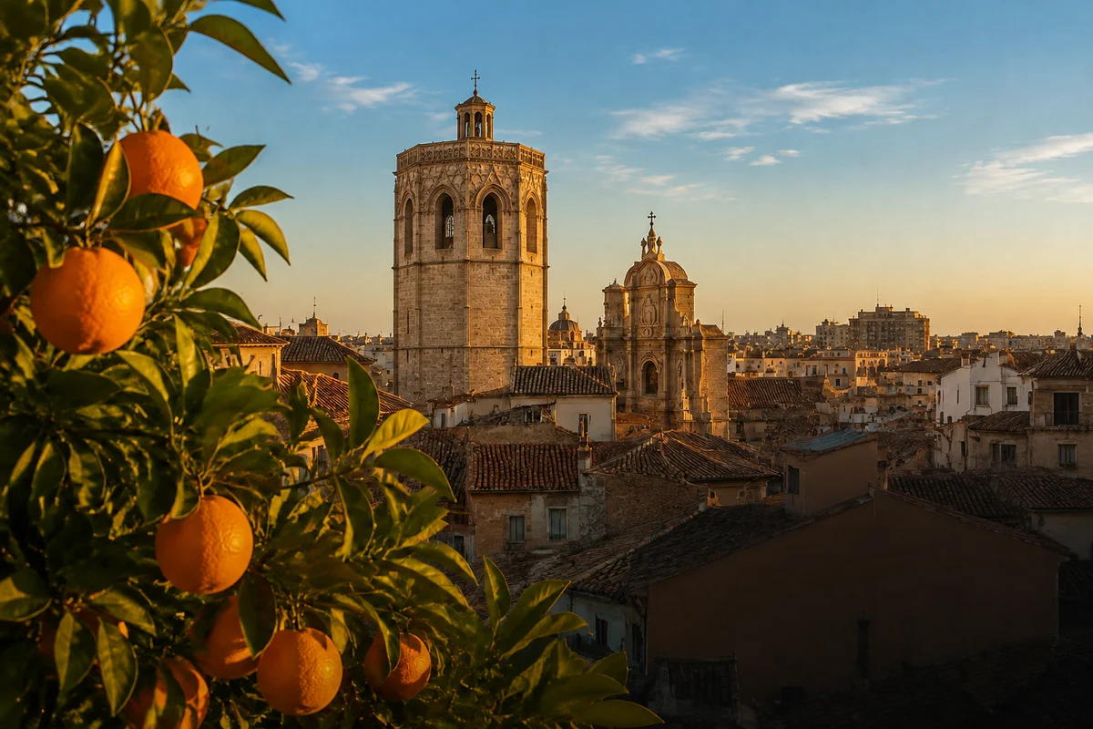 Original Valencia-inspired illustration with oranges and warm stone buildings