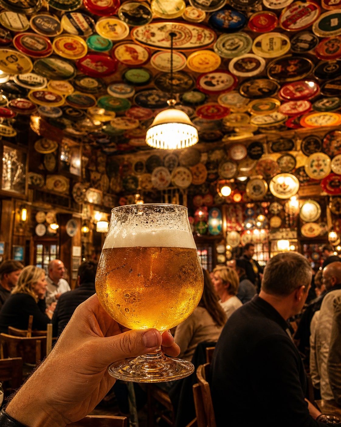 A Belgian beer held beneath the colorful vintage beer trays inside a lively Brussels beer hall