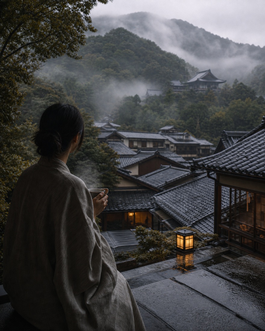 A quiet mountain ryokan in Kyoto on a rainy morning