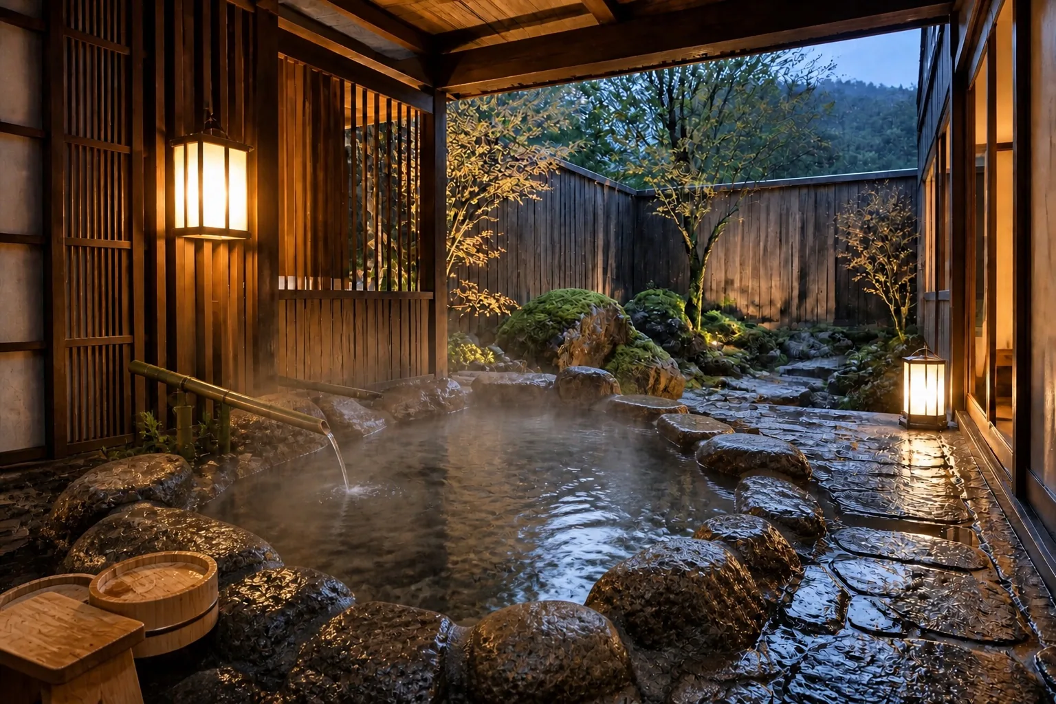 A steaming open-air Japanese hot spring edged with natural rock beneath warm lantern light
