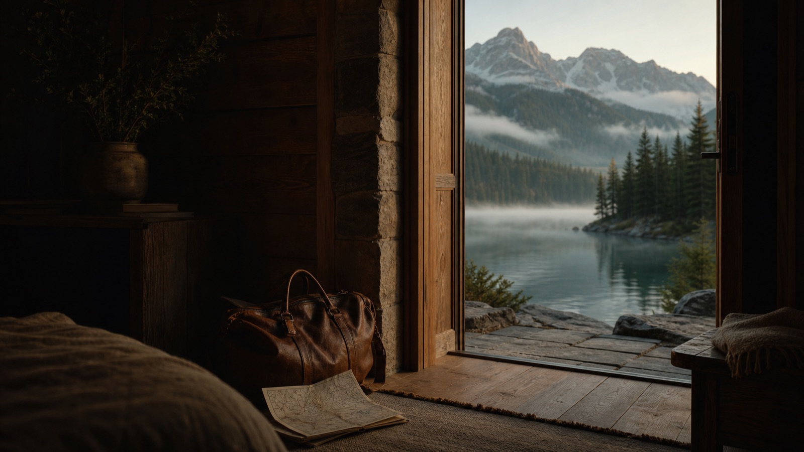 A quiet mountain lake seen through the open door of a warm cabin