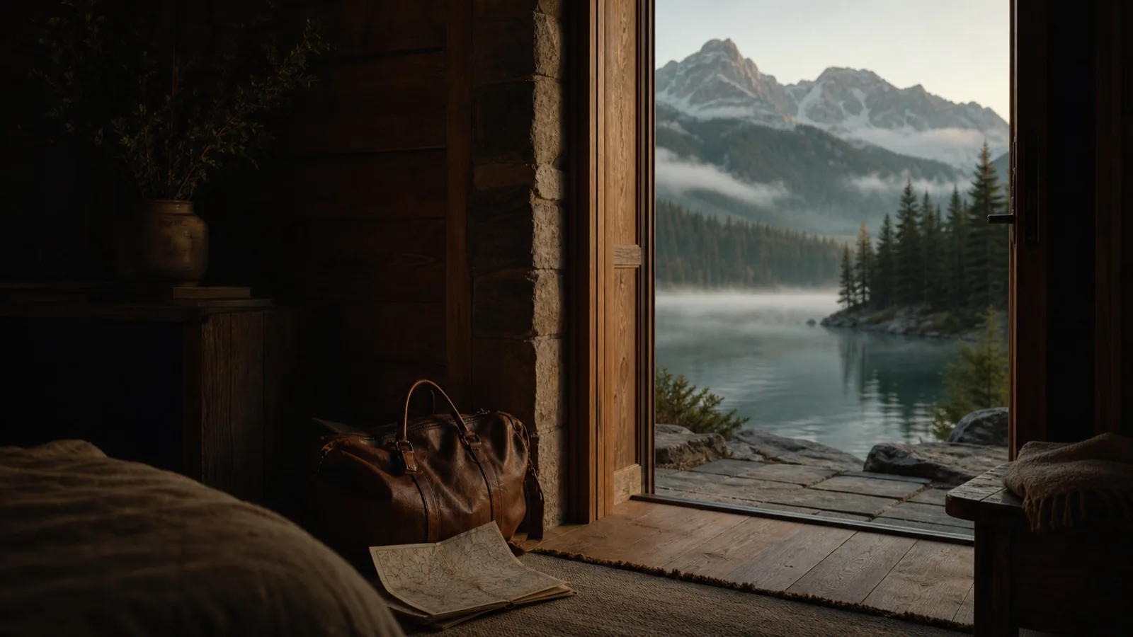 A quiet mountain lake seen through the open door of a warm cabin