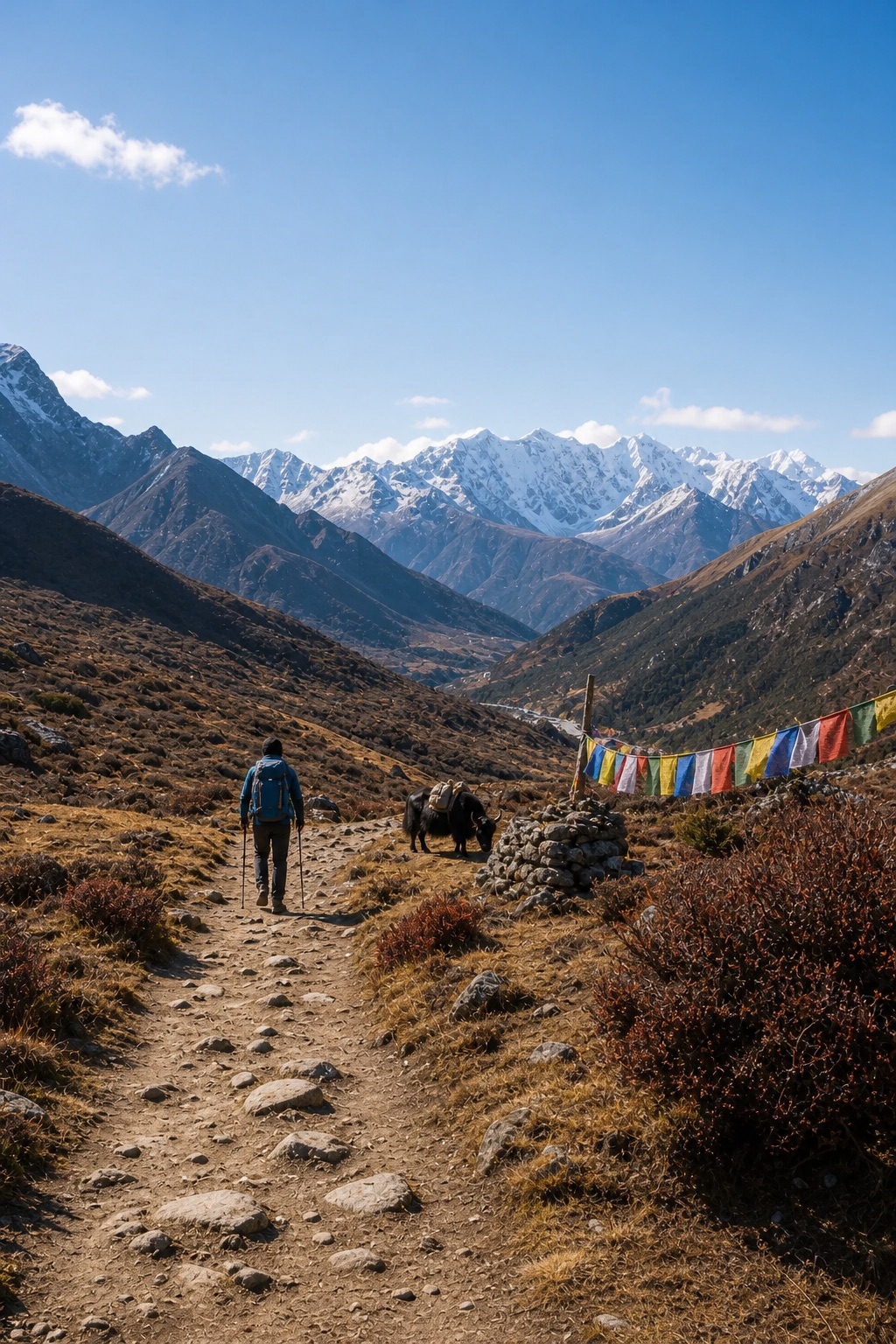 A trekker and a yak on an approachable Himalayan trail beneath prayer flags and distant snow mountains
