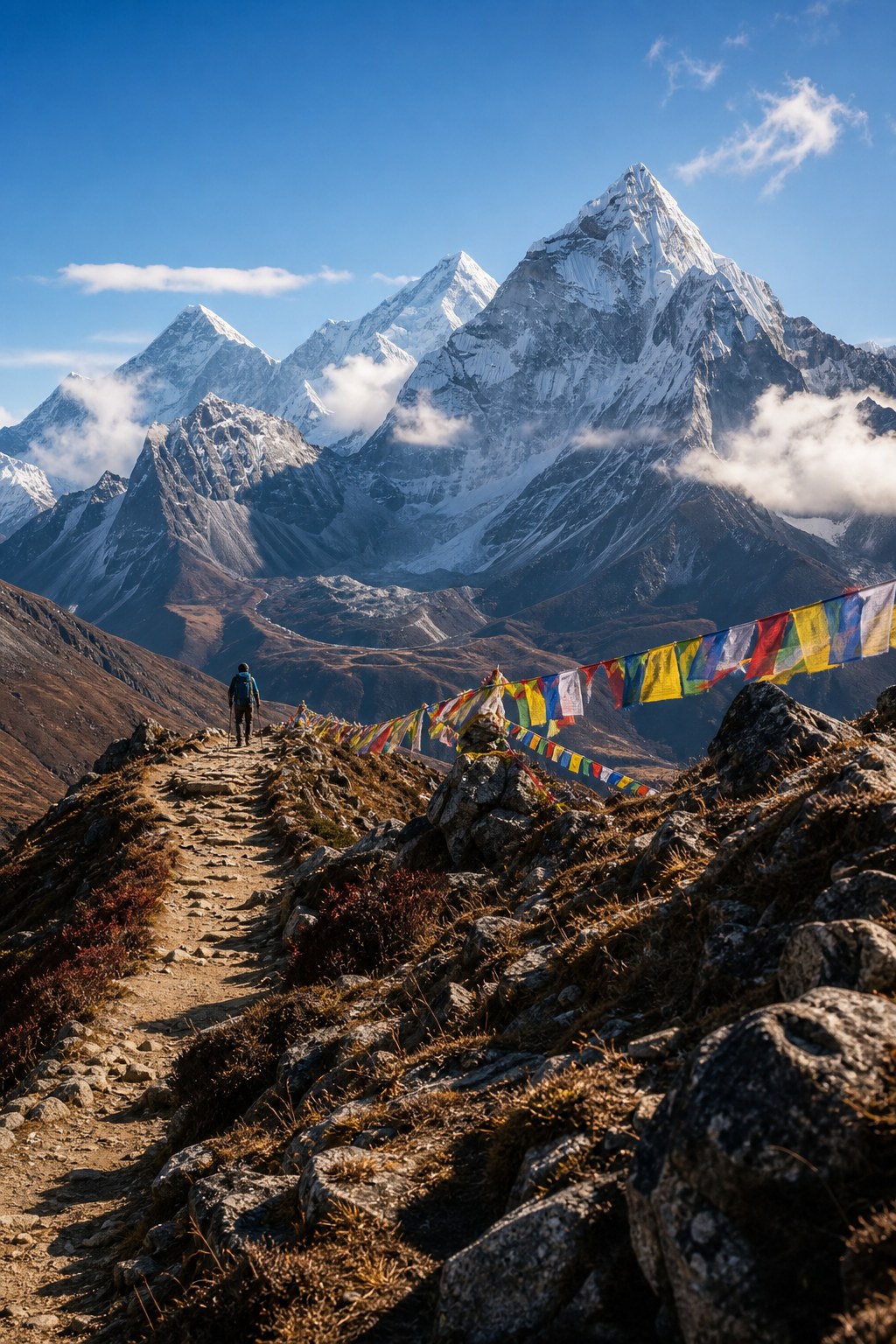 A hiker on a Himalayan trail below snow-covered peaks and prayer flags